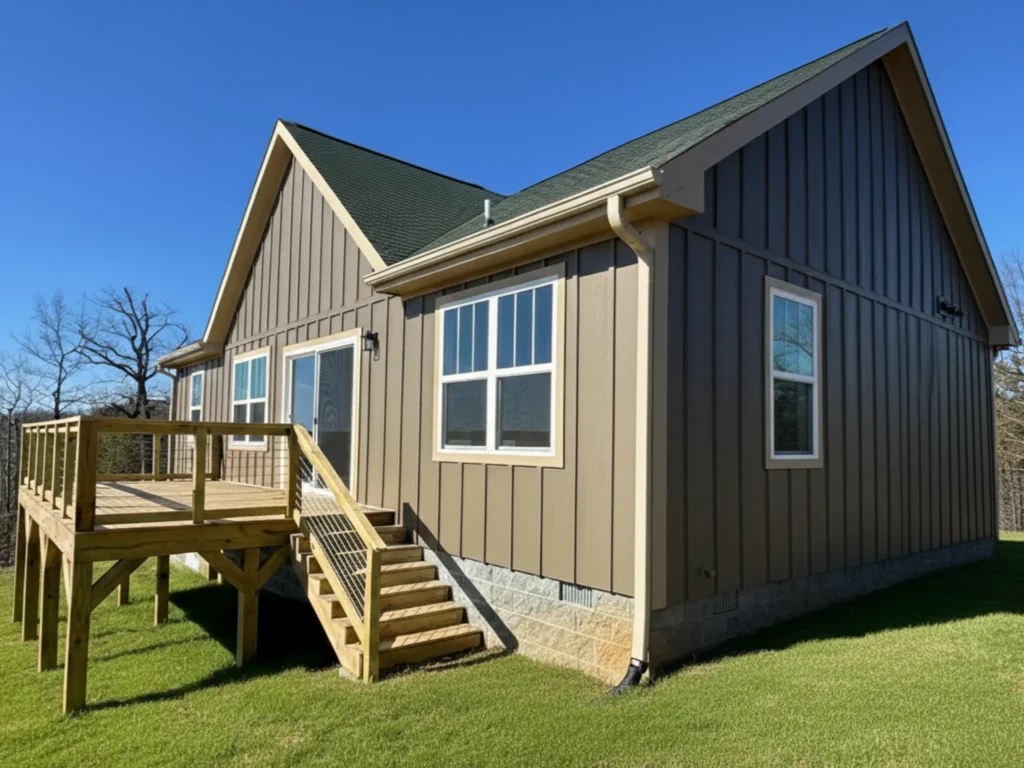 Modern custom home exterior with olive-toned siding and a wood deck with steps