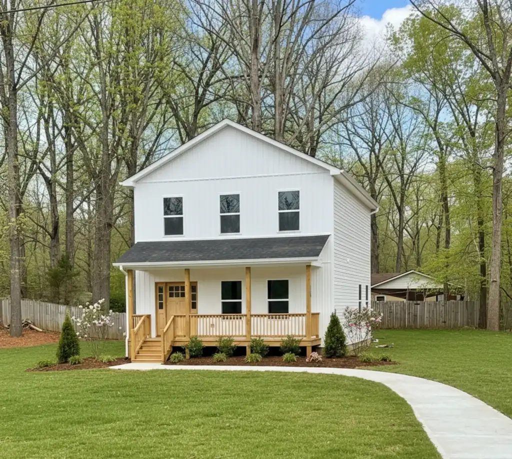 Two-story white farmhouse-style custom home with a covered front porch and mature trees