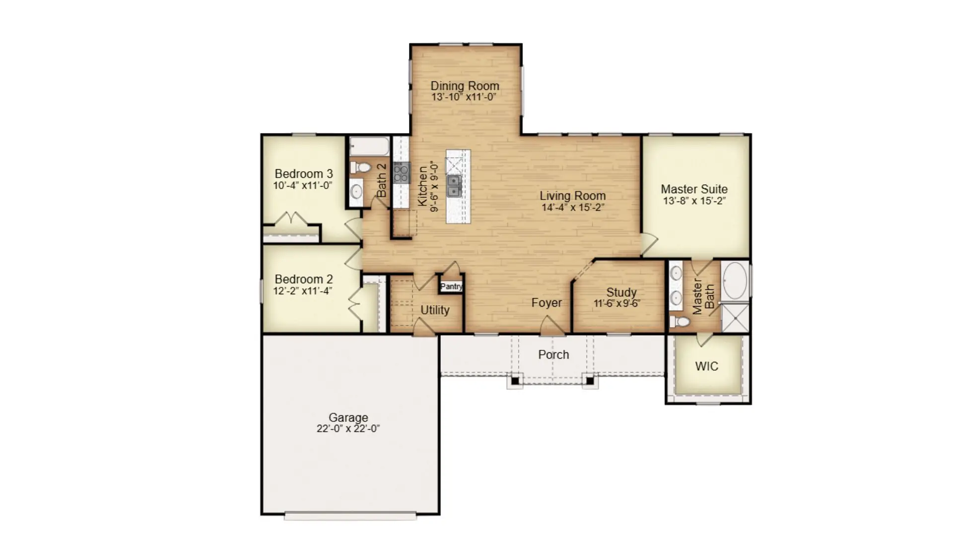 Furnished main level floor plan of a custom home with master suite, living room and garage