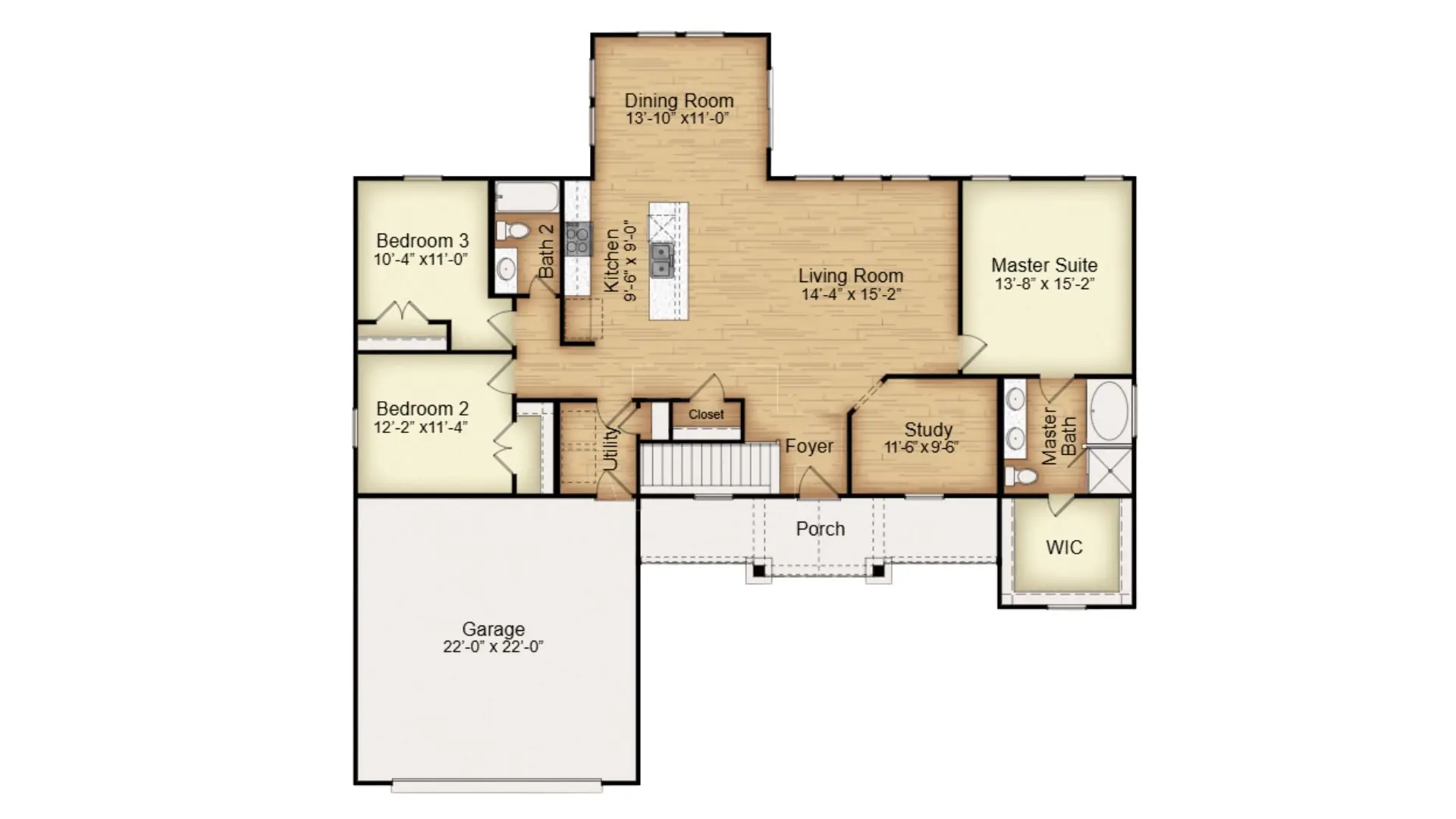 Furnished floor plan of a custom home with living room, master suite and covered porch