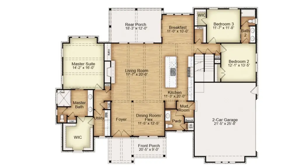 Furnished main level floor plan of a custom home with great room, master suite and garage
