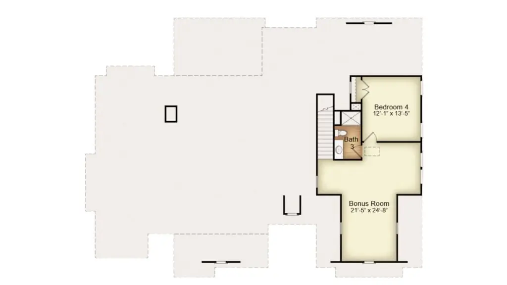 Upper level floor plan of a custom home showing a bonus room and additional bedrooms