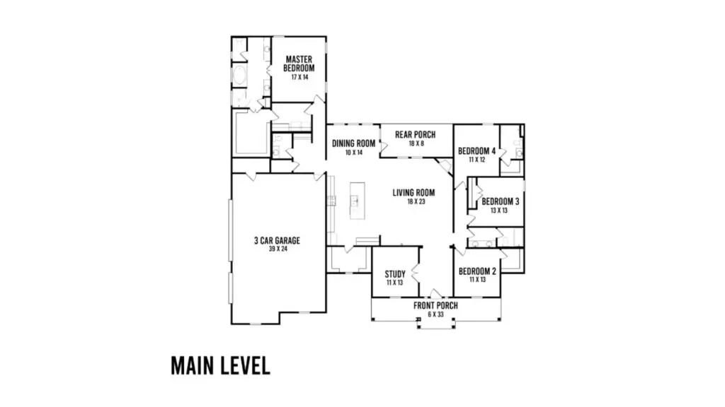 Main level floor plan of a custom home with master suite, dining area and covered porch