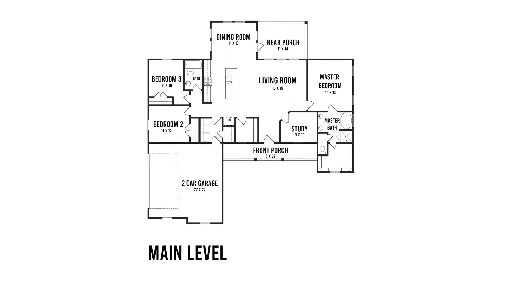 Main level floor plan of a custom home with dining room, master suite and three-car garage