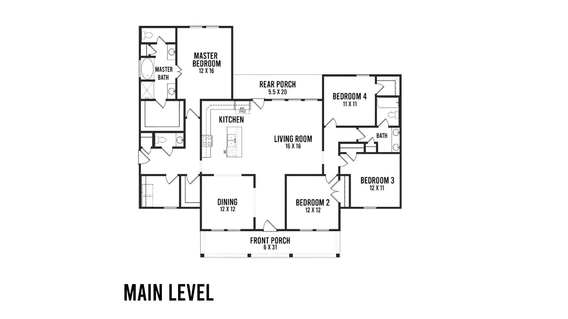 Main level architectural floor plan of a custom home showing bedrooms, kitchen and porch