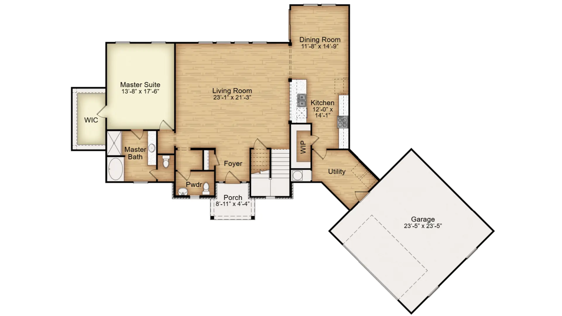 Furnished floor plan of a custom home featuring a master suite and angled attached garage