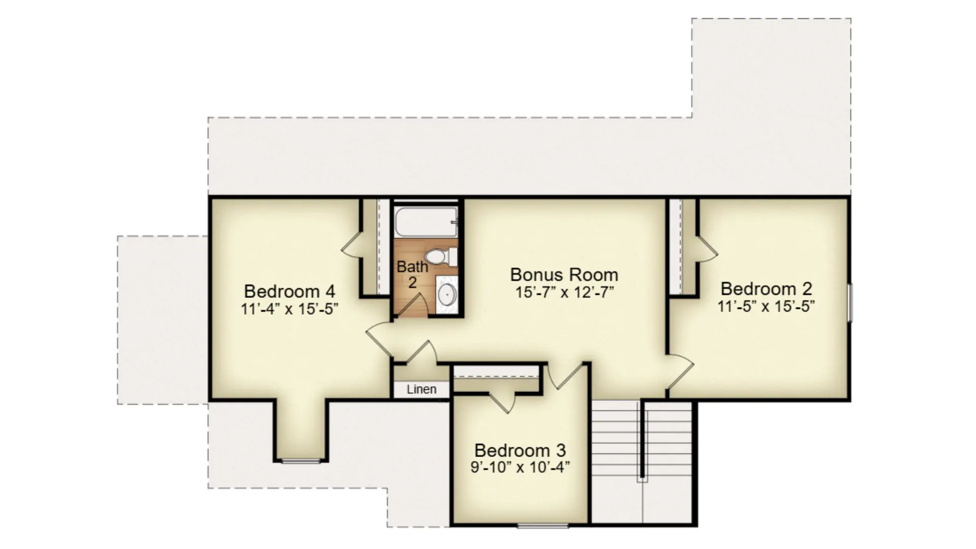 Second floor plan of a custom home showing a bonus room and additional bedrooms