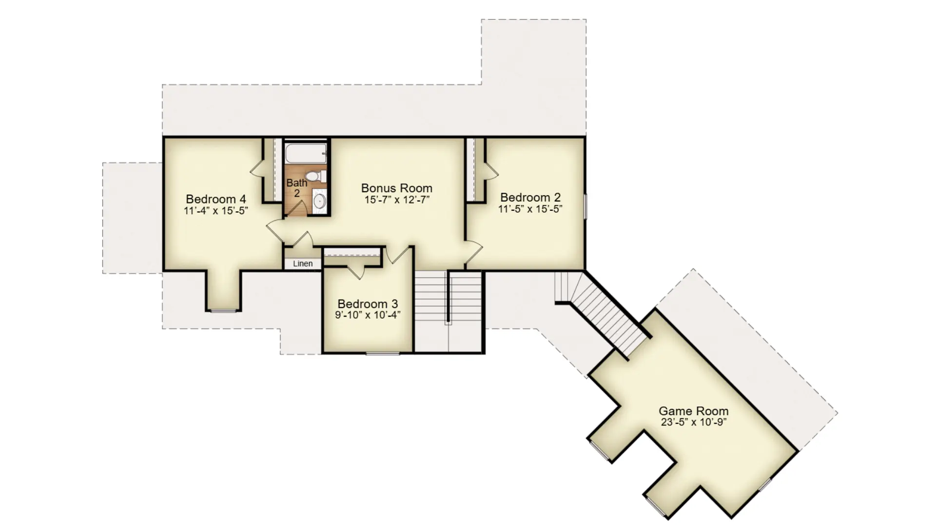 Upper level floor plan of a custom home with a bonus room and secondary bedrooms
