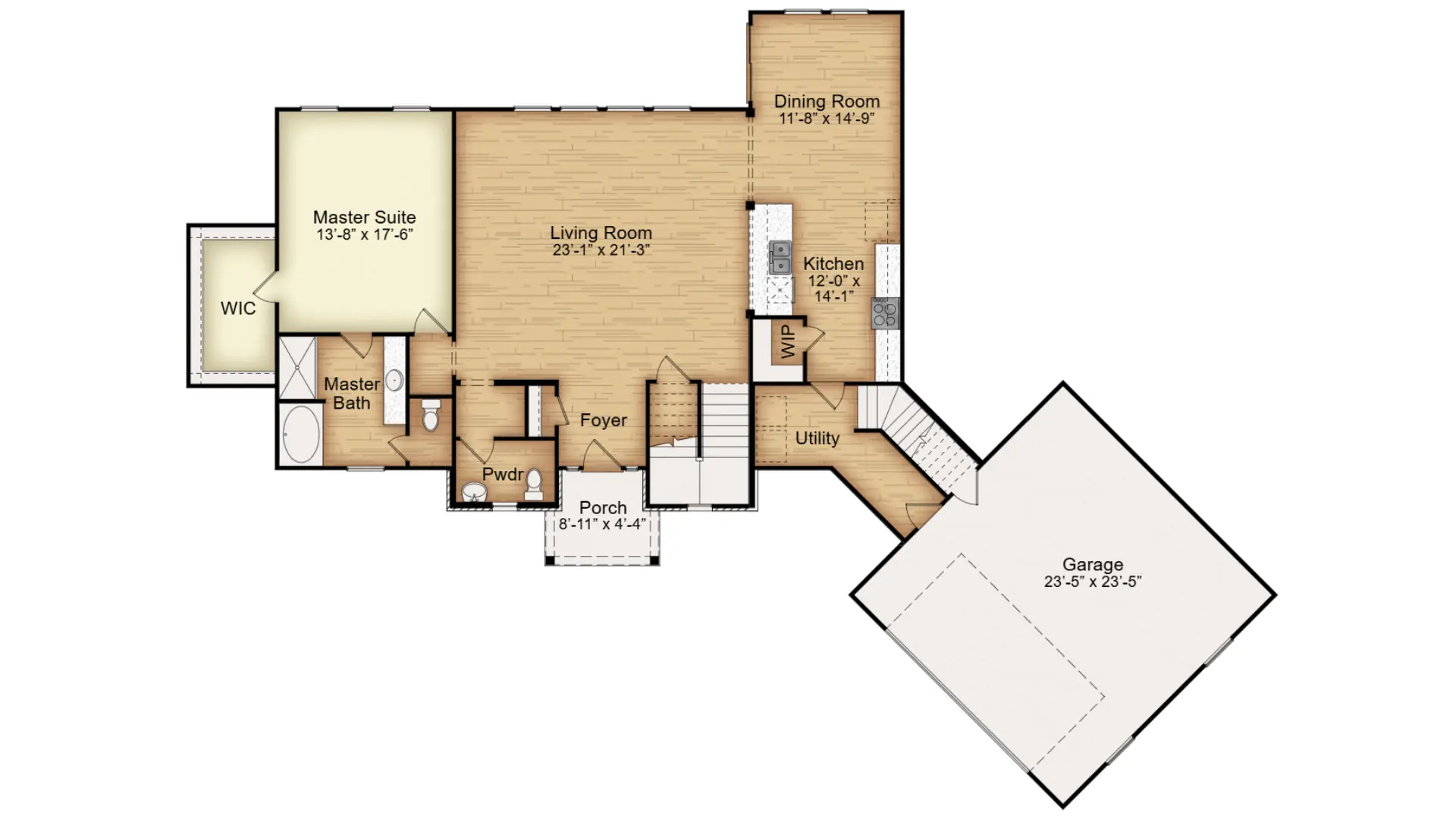 Furnished main level floor plan of a custom home with an open living area and side-entry garage